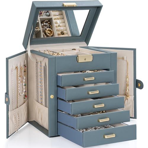 TORIBIO Large Jewelry Box for Women, Leather Jewelry Organizer with Mirror & Lock, 6-Tier Jewelry Storage Case for Girls/Women/Mothers, Necklace Earring Bracelets Holder Organizer, Grey Blue - Image 1