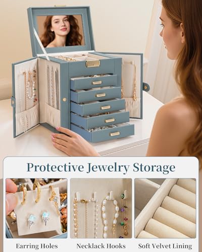 TORIBIO Large Jewelry Box for Women, Leather Jewelry Organizer with Mirror & Lock, 6-Tier Jewelry Storage Case for Girls/Women/Mothers, Necklace Earring Bracelets Holder Organizer, Grey Blue - Image 5