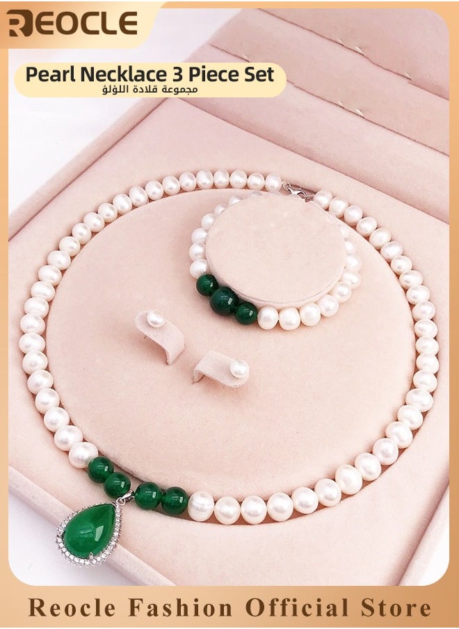 REOCLE - Women's Pearls Necklace Earrings Bracelet Set 3 Pcs Jewelry Set Simulated Pearls Accessories Vintage Costume Jewelry - Image 1