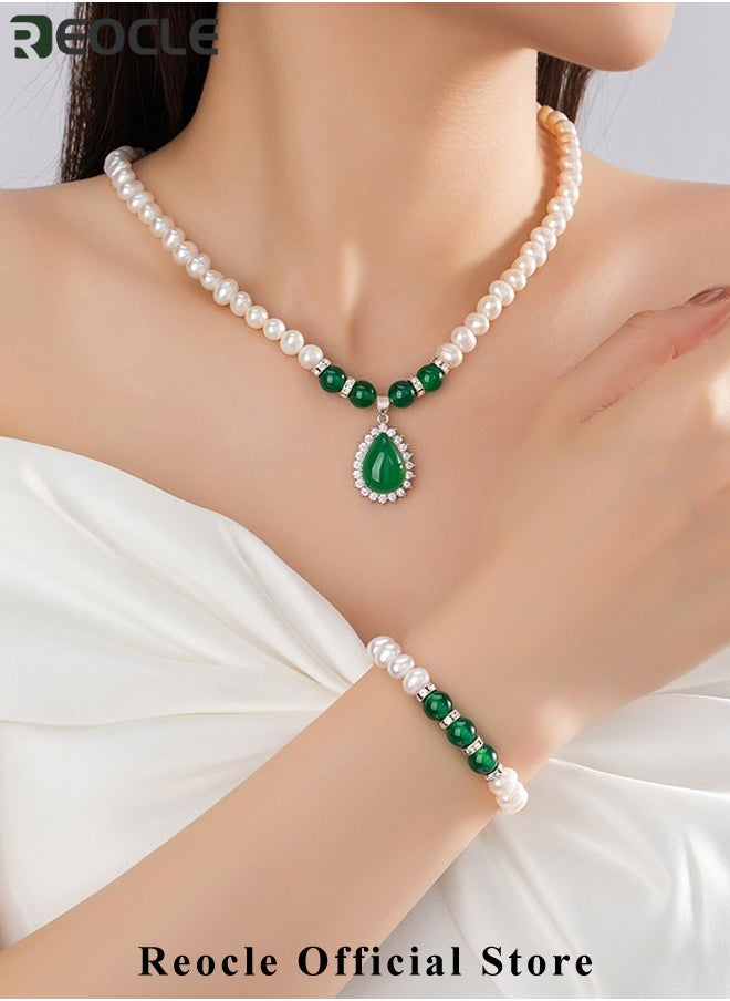 REOCLE - Women's Pearls Necklace Earrings Bracelet Set 3 Pcs Jewelry Set Simulated Pearls Accessories Vintage Costume Jewelry - Image 1