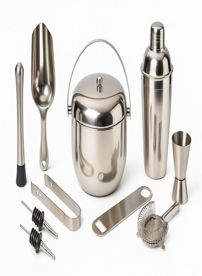 Nooks Stainless Steel Barware Kits and Accessories with Apple Shape ice Bucket (1250ml) and with Cocktail Shaker (750ml) in Silver Color for Home, bar and Mini bar_(Pack of 10)_(Made in India) - Image 1