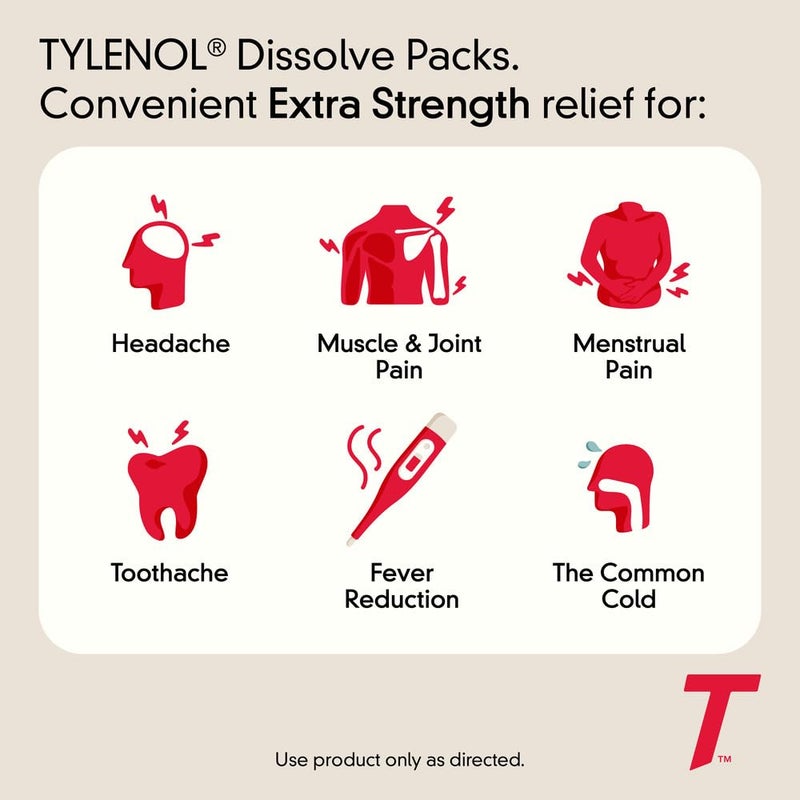 Tylenol Extra Strength Dissolve Packs, 500 mg Acetaminophen Pain Reliever & Fever Reducer, On-The-Go Powder Packets for Minor Aches & Pains, Ibuprofen- & Aspirin-Free, Berry Flavor, 32 ct - Image 2