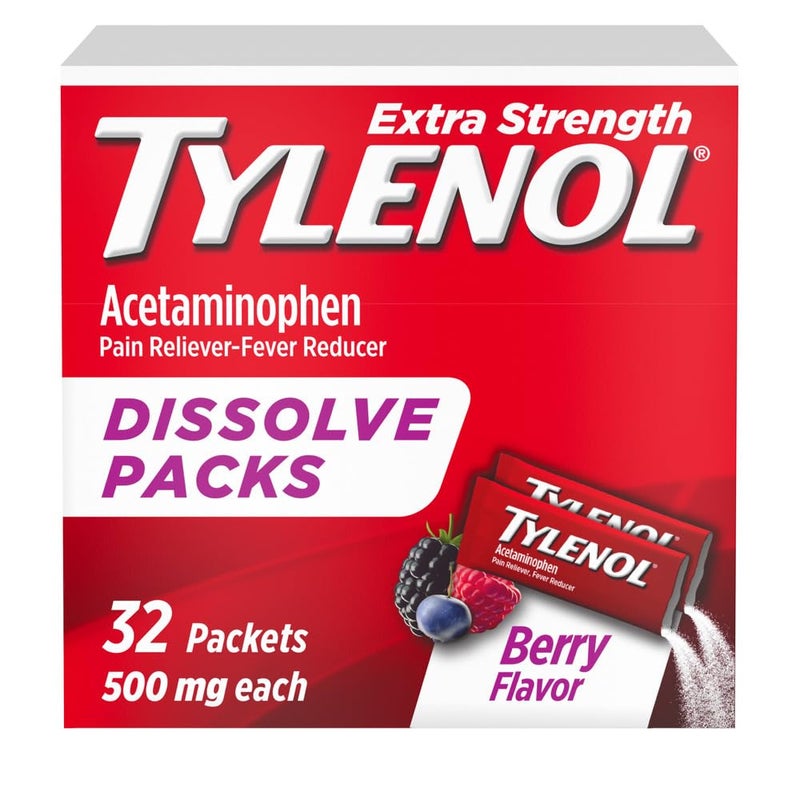 Tylenol Extra Strength Dissolve Packs, 500 mg Acetaminophen Pain Reliever & Fever Reducer, On-The-Go Powder Packets for Minor Aches & Pains, Ibuprofen- & Aspirin-Free, Berry Flavor, 32 ct - Image 1