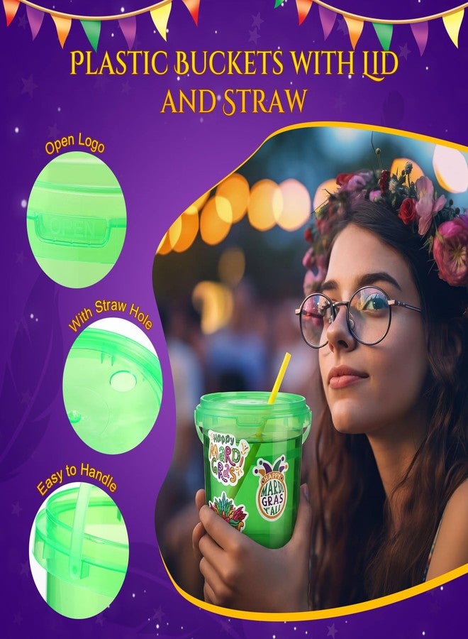 Funnymoom مجموعة Funnymoom المكونة من 18 دلوًا بلاستيكيًا سعة 32 أونصة من مشروبات ماردي غرا، مزودة بماصات ومحاقن للمشروبات وملصقات ووجبات خفيفة للكرنفال، بالإضافة إلى دلو كوكتيل بيرة بأغطية ومقابض، وحاويات طعام قابلة لإعادة الاستخدام للحفلات. - Image 3