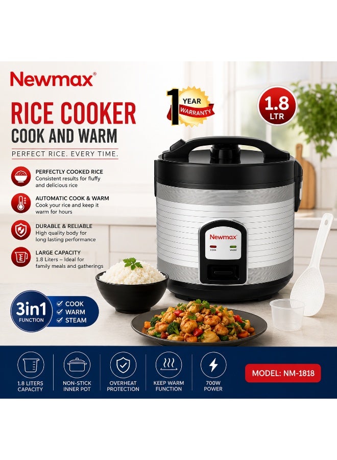 Newmax NM-1818 3-in-1 Electric Multi Cooker is a practical kitchen appliance designed for convenient everyday cooking. With its 1.8 liter capacity, it is suitable for preparing a variety of meals, including rice and other simple dishes. The compact design makes it a convenient choice for homes, apartments, offices, and small kitchens.