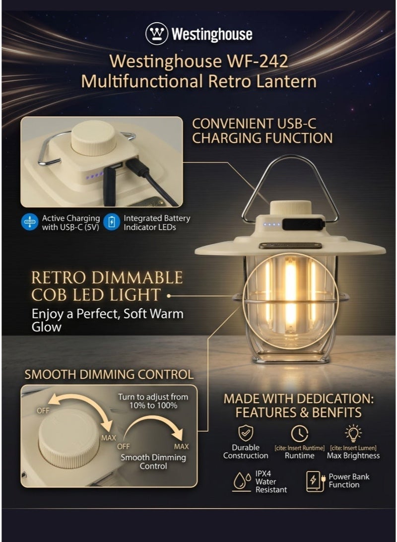 ويستنجهاوس، WF-242-CB، فانوس تخييم كلاسيكي، فانوس LED قابل لإعادة الشحن، تصميم عتيق، سطوع قابل للتعديل، شحن USB، وقت تشغيل طويل، ضوء محمول، تخييم، انقطاع التيار الكهربائي، مغامرات في الهواء الطلق. - Image 3