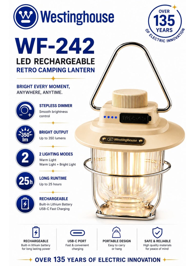 ويستنجهاوس، WF-242-CB، فانوس تخييم كلاسيكي، فانوس LED قابل لإعادة الشحن، تصميم عتيق، سطوع قابل للتعديل، شحن USB، وقت تشغيل طويل، ضوء محمول، تخييم، انقطاع التيار الكهربائي، مغامرات في الهواء الطلق. - Image 2