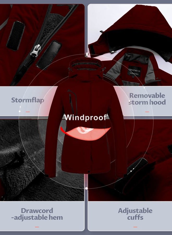 CREATMO US Womens Coats Winter Plus Size Snow Jacket Women's Waterproof Ski Hooded Coat Mountain Snowboarding Jackets Insulated Fleece Parka Wine Red S, Wine Red, S - Image 5
