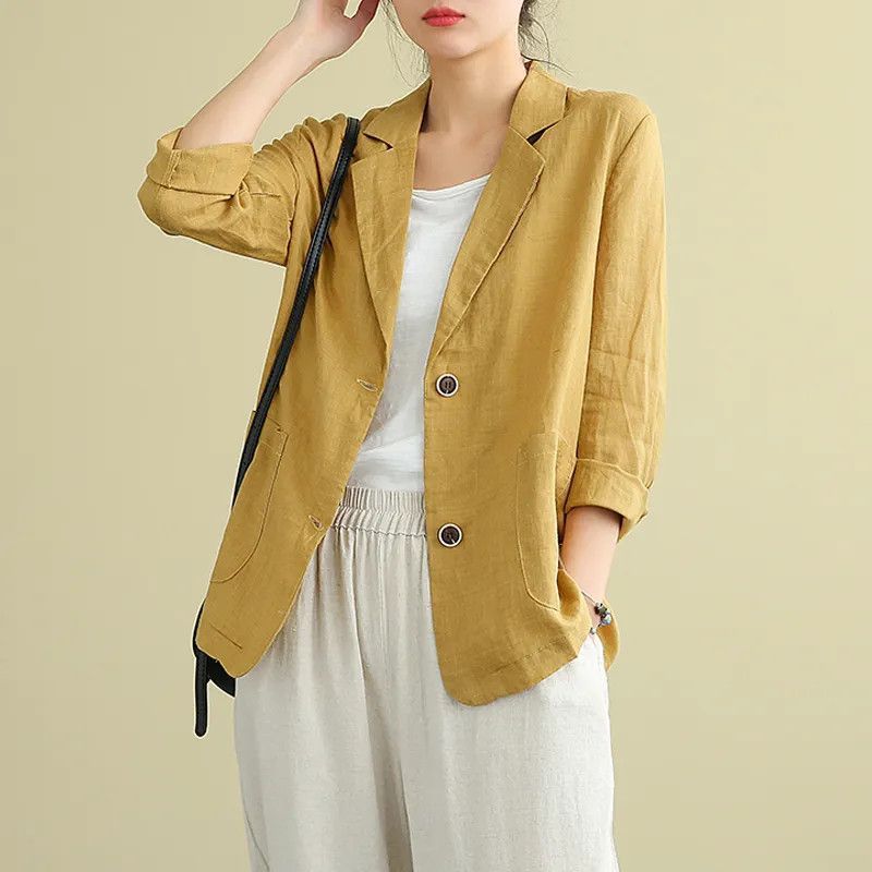 Cotton and Linen Jacket Small Suit 2023 Spring and Summer Loose Artistic Long-sleeved Casual Elegant Sunscreen Clothing for Women Yellow