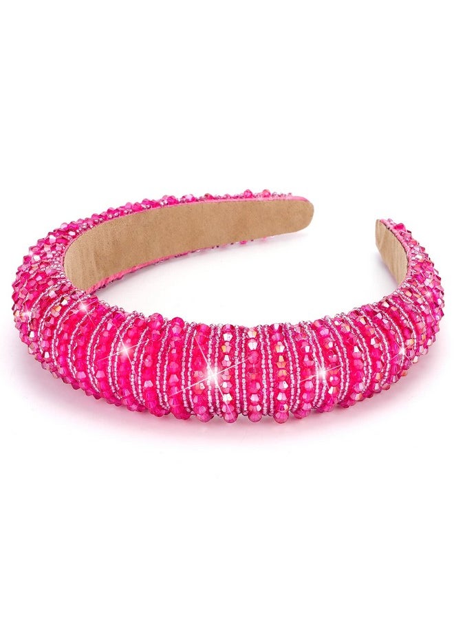 Wecoe - Hot Pink Headband Fashion Rhinestone Headband Women Padded Headband Fancy Bling Diamond Sparkle Crystal Beaded Headband Cute Hair Band Holiday Hair Accessories For Women Girls Sweetest Day Gifts - Image 1