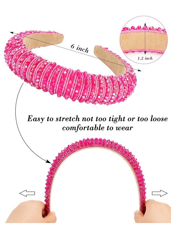 Wecoe - Hot Pink Headband Fashion Rhinestone Headband Women Padded Headband Fancy Bling Diamond Sparkle Crystal Beaded Headband Cute Hair Band Holiday Hair Accessories For Women Girls Sweetest Day Gifts - Image 1