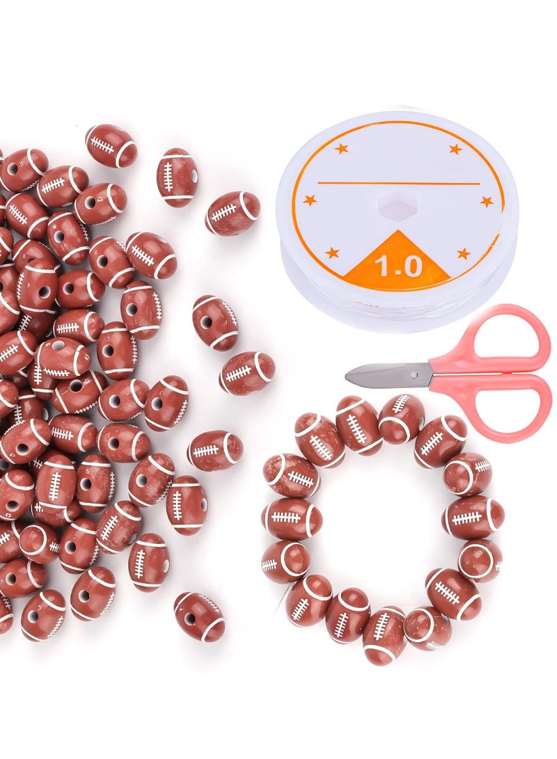 Excefore 100pcs American Football Beads, 18mm Sport Goods Theme Rugby Acrylic Beads, DIY Bracelet Necklace Jewelry Keychains Making, with Crystal Elastic Rope and Scissors - Image 1