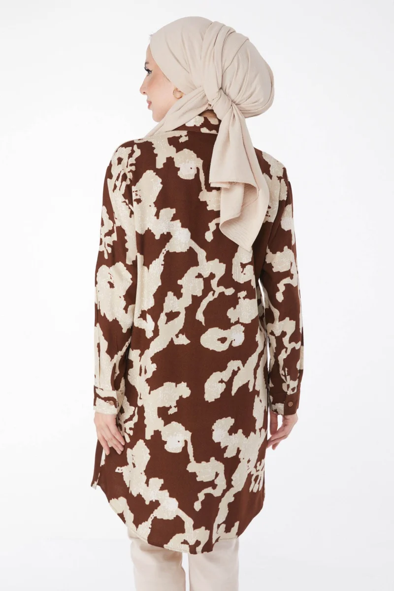 Tofisa Plain Shirt Collar Women's Brown Patterned Tunic - 25605
