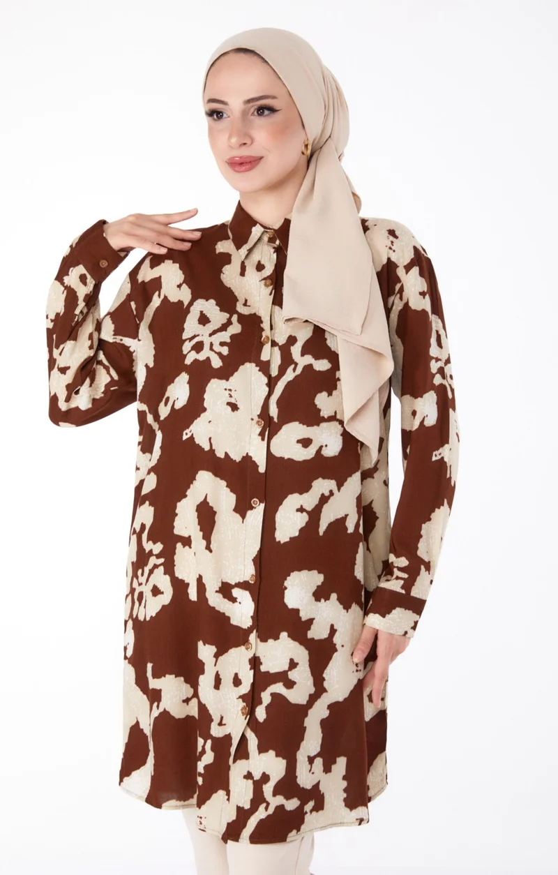 Tofisa Plain Shirt Collar Women's Brown Patterned Tunic - 25605