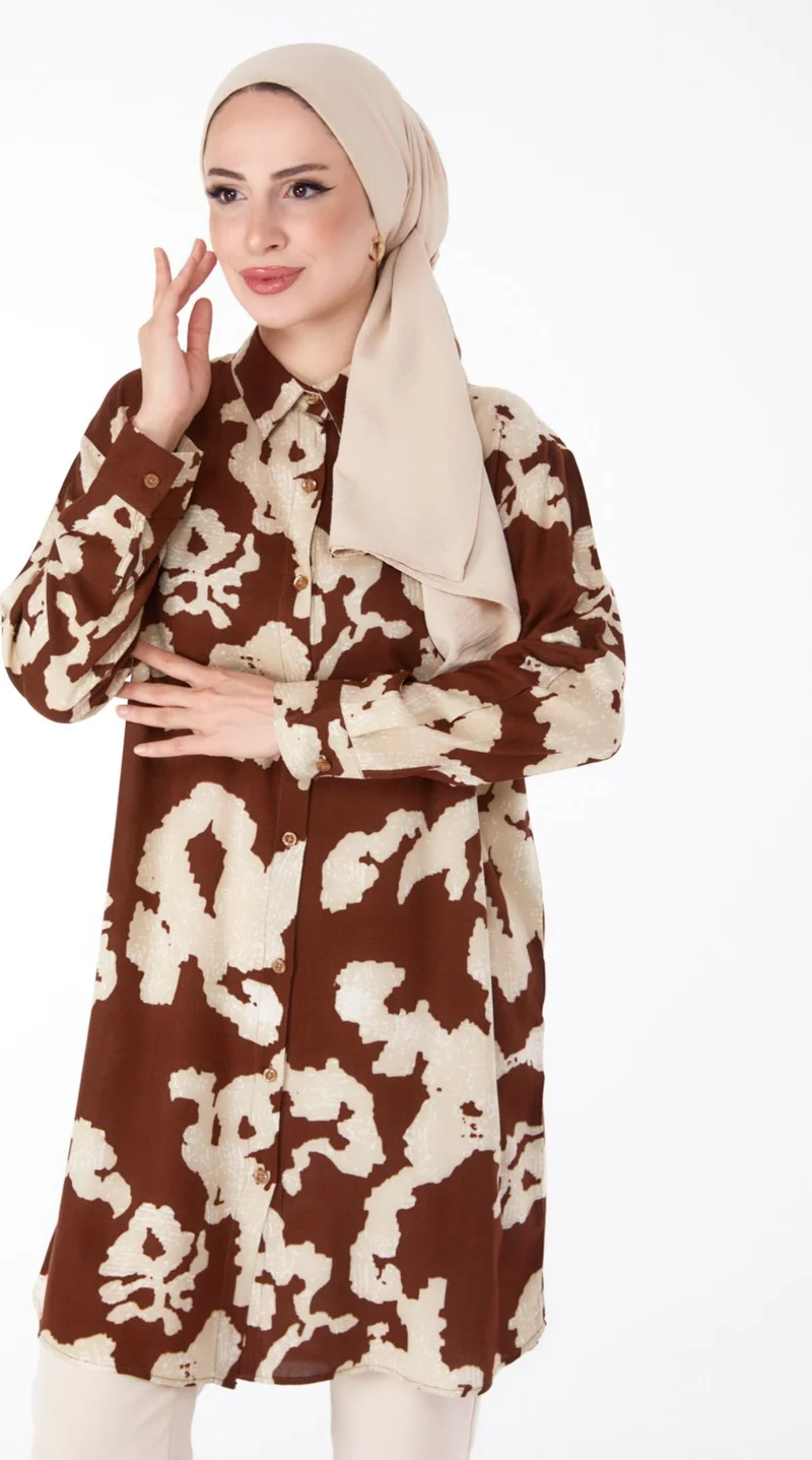 Tofisa Plain Shirt Collar Women's Brown Patterned Tunic - 25605