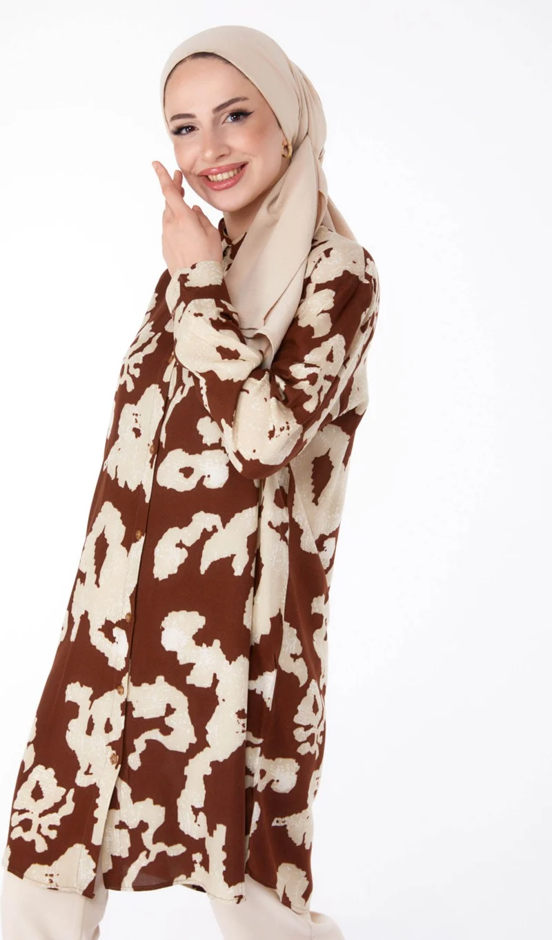 Tofisa Plain Shirt Collar Women's Brown Patterned Tunic - 25605