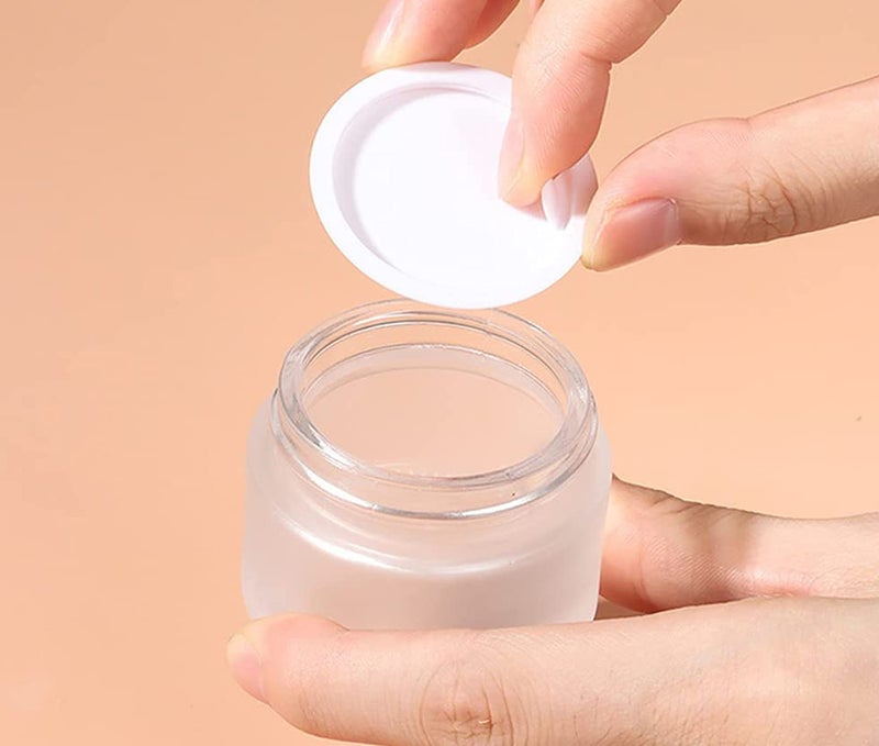 Healthcom 50 Gram/50 ml Empty Sample Jars Round Frosted Glass Bottle Cosmetic Cream Jar Wood Grain Lid Cosmetic Container Glass Cream Box Refillable Cream Pot Jars for Lip Balm Lotion Eyeshadow,4 Pack - Image 3