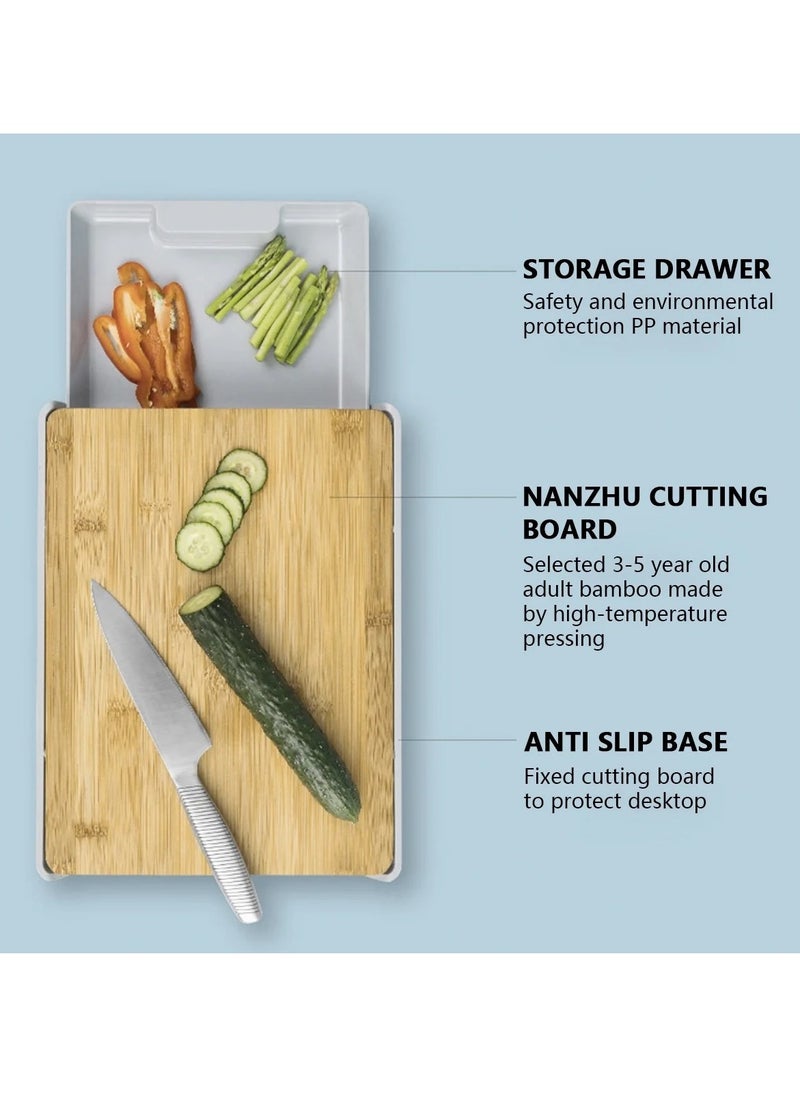 Arabest - Cutting Board, Wooden Chopping Board with Pull-Out Storage Tray, Multi-Function Kitchen Cutting Board for Meat, Vegetable, Fruit - Image 1