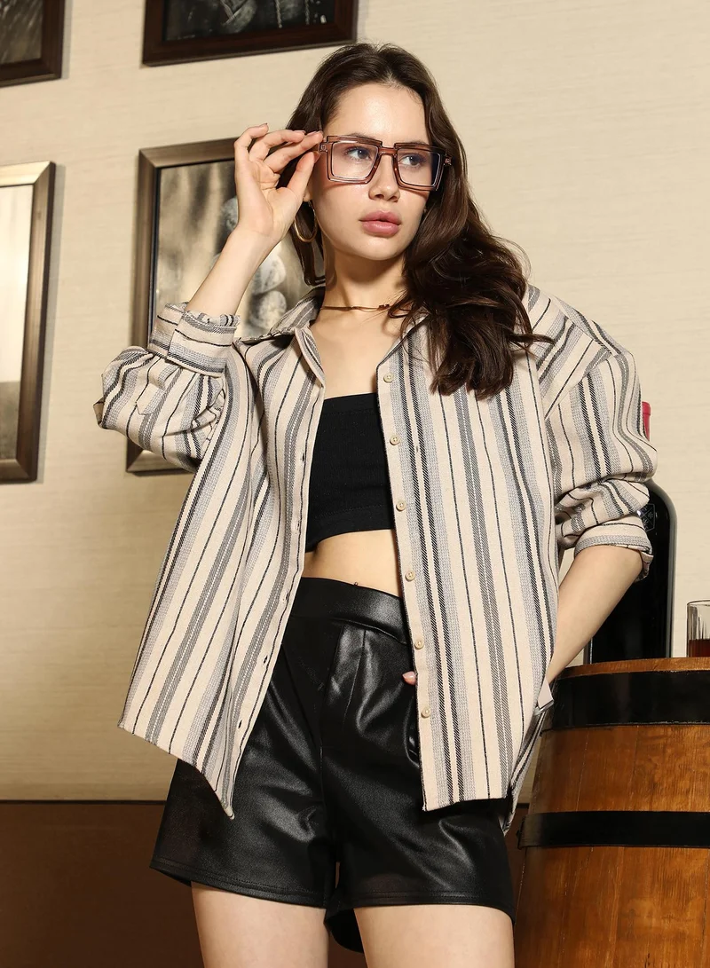 PINACOLADA Pinacolada Women's Ecru Beige Twill-Striped Oversized Shirt | Spread Collar , Long Cuffed Sleeves , Button Closure | Stripes Twill Material | Cotton-Blend Shirt For Casual Wear