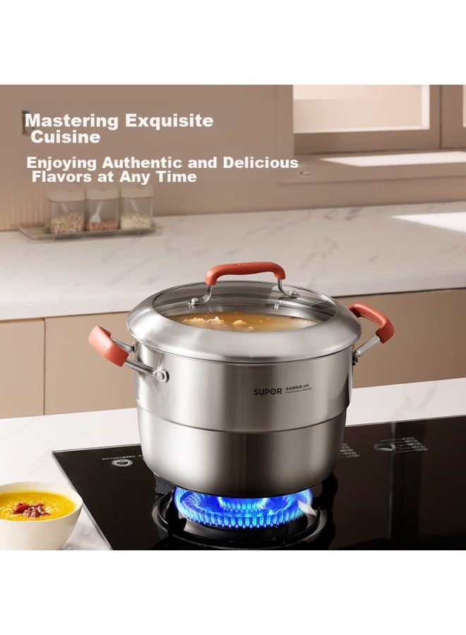Supor 304 Stainless Steel Soup Pot, 20cm, Deep And Tall, Suitable For Steaming And Cooking, Heat-resistant Handle, With Steaming Plate, Double Bottom, Compatible With All Stove Types - Image 1