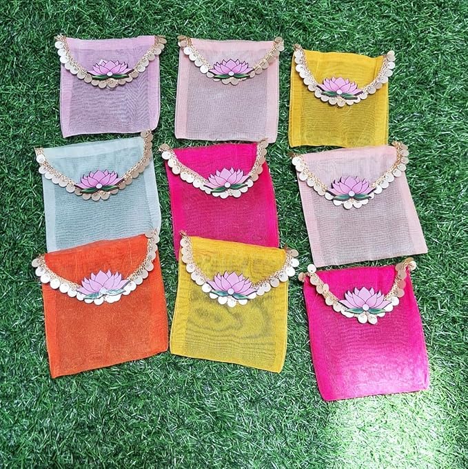 brown leaf Fancy Trending Tissue Fabric Coin Pouches Cover with MDF Lotus for Wedding Party Favor baby shower Diwali Gift (20) - Image 2