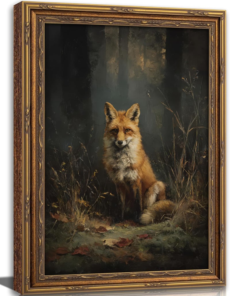 Mavgouuy Framed Vintage Woodland Fox Canvas Wall Art Forest Wildlife Dark Academia Painting Picture Wall Decor Nature Farmhouse Animals Poster Print Artwork for Living Room Bedroom Lodge Home Decoration - Image 1