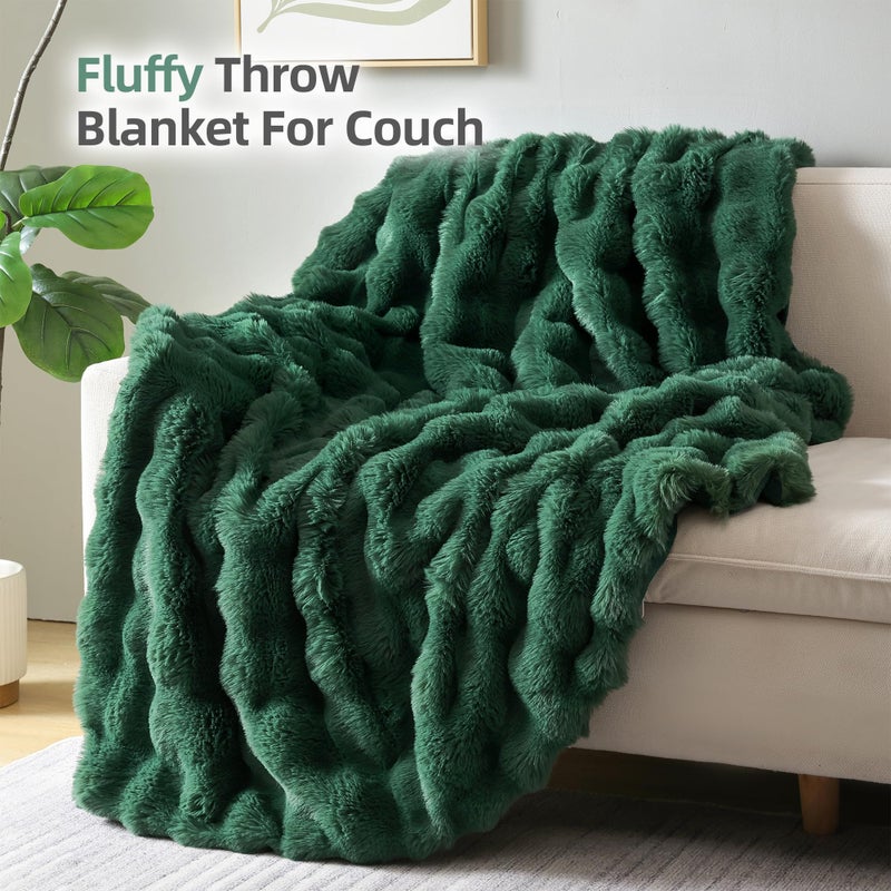 Smoofy Faux Fur Throw Blanket for Couch â€“ Dark Green Fluffy Cozy Rabbit Fleece, Plush Soft Bubble Blanket for Sofa & Bed, for Mom, Warm Fuzzy Home Room Decor Throw 50" x 60" - Image 3