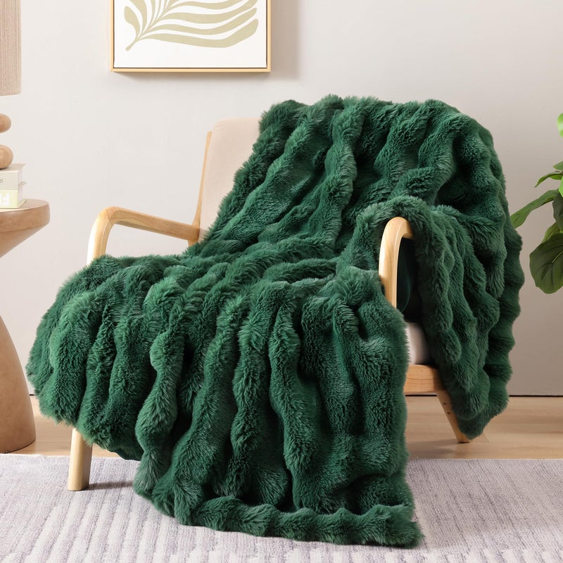Smoofy Faux Fur Throw Blanket for Couch â€“ Dark Green Fluffy Cozy Rabbit Fleece, Plush Soft Bubble Blanket for Sofa & Bed, for Mom, Warm Fuzzy Home Room Decor Throw 50" x 60" - Image 1