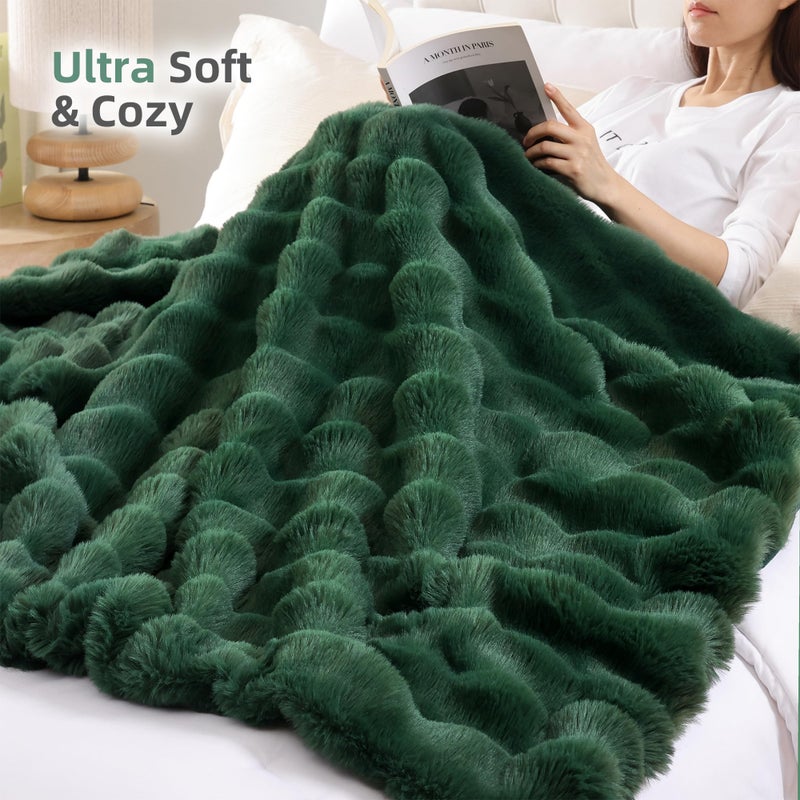 Smoofy Faux Fur Throw Blanket for Couch â€“ Dark Green Fluffy Cozy Rabbit Fleece, Plush Soft Bubble Blanket for Sofa & Bed, for Mom, Warm Fuzzy Home Room Decor Throw 50" x 60" - Image 4