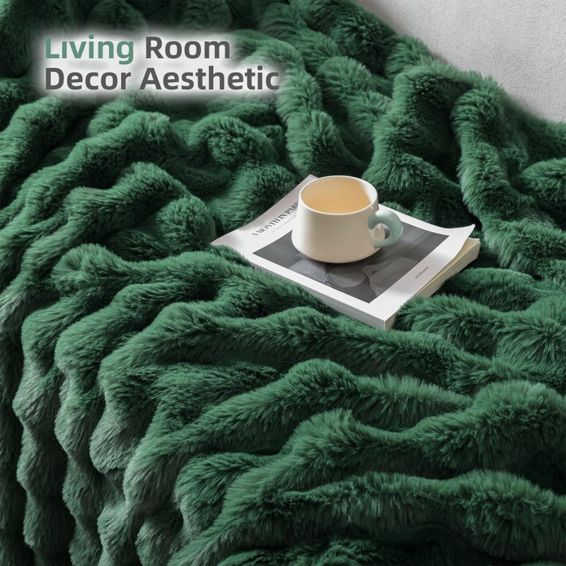 Smoofy Faux Fur Throw Blanket for Couch â€“ Dark Green Fluffy Cozy Rabbit Fleece, Plush Soft Bubble Blanket for Sofa & Bed, for Mom, Warm Fuzzy Home Room Decor Throw 50" x 60" - Image 5