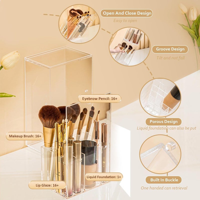 Excefore Makeup Brush Holder,Thickened PS Brush Holder Dust Proof, Clear Make Up Organizer with 17 Slots, Tilt Open Large Makeup Holde with Lid, for Vanity Decor Office Home - Image 4