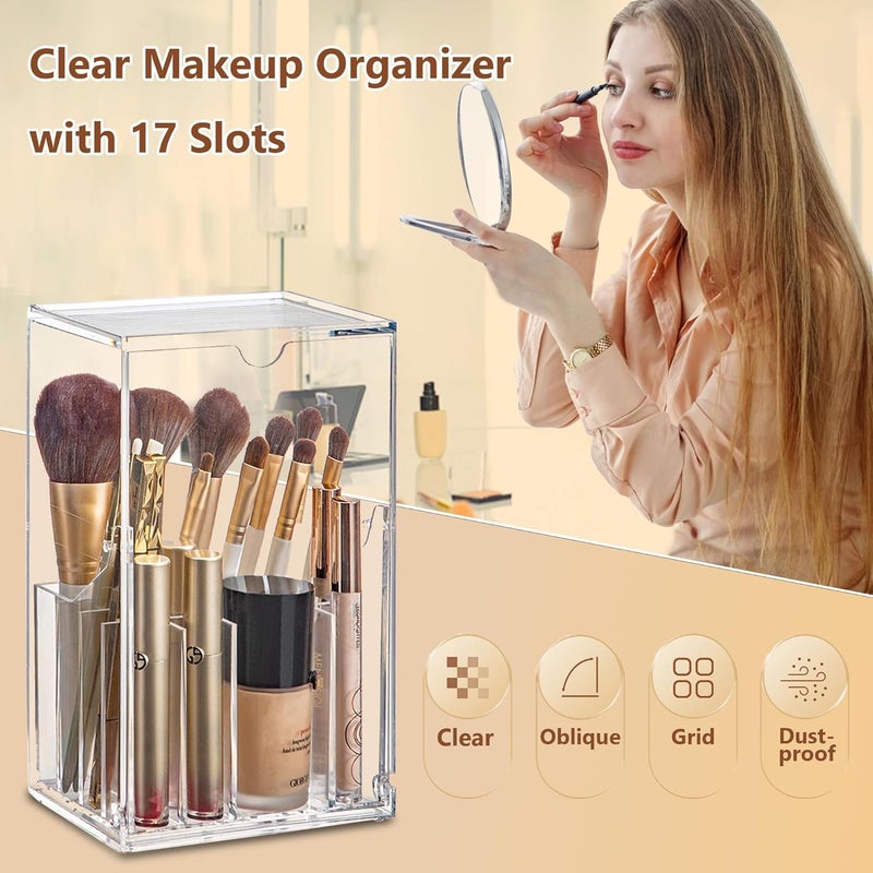 Excefore Makeup Brush Holder,Thickened PS Brush Holder Dust Proof, Clear Make Up Organizer with 17 Slots, Tilt Open Large Makeup Holde with Lid, for Vanity Decor Office Home - Image 2