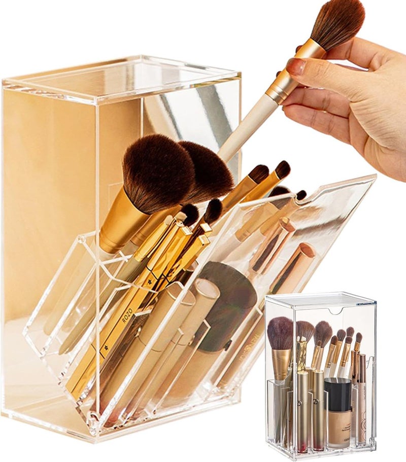 Excefore Makeup Brush Holder,Thickened PS Brush Holder Dust Proof, Clear Make Up Organizer with 17 Slots, Tilt Open Large Makeup Holde with Lid, for Vanity Decor Office Home - Image 1