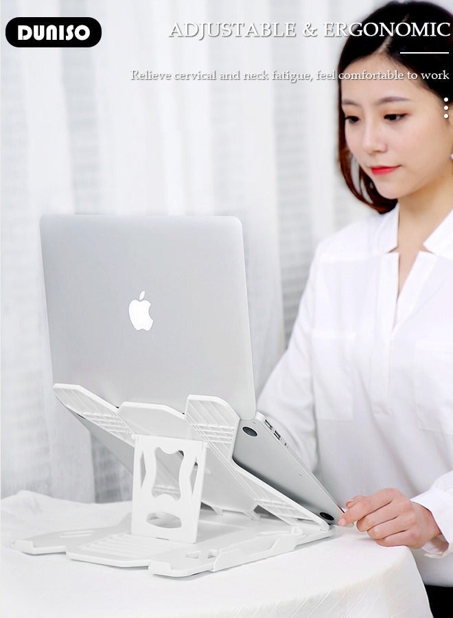 DUNISO Laptop Stand for Desk, Portable Adjustable Laptop Holder for Relieve Cervical Fatigue, Foldable Computer Stand with 360° Rotating Base and Phone Stand, Ergonomic Ventilated Cooling Notebook Stand for MacBook Air, Tablet - Image 2