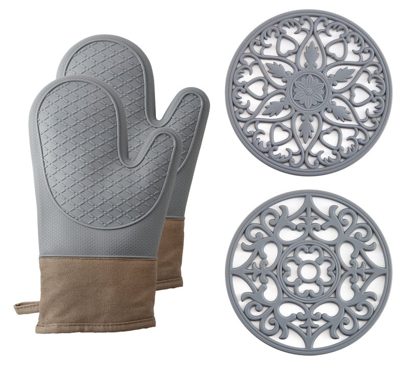 Domonic Home Domonic Home Oven Mitts and Pot Holders Sets Silicone Oven Mitts Heat Resistant 600F Oven Mitt Set Soft Lining Good Grip Oven Gloves and Trivet Mats 4 Piece SetGrey 