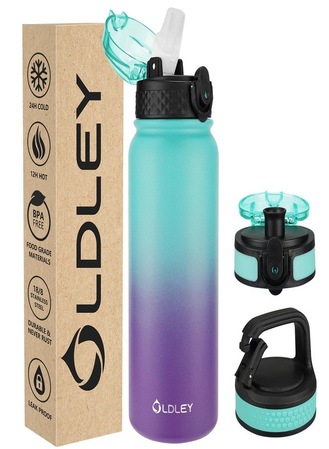 Oldley Insulated Water Bottle 20oz Water Bottles with Straw, Stainless Steel Water Bottle with 3 Lids, Double Wall Vacuum Bottels for Adult Kids,Leak-Proof Sport Bottles for School Travel,Green Purple - Image 1