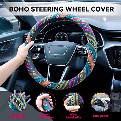 Limsas Boho Steering Wheel Cover Elastic Microfiber for Women, Universal Fit 15 inch Car SUV, Hippie Style Protector Cover, Anti-Slip, Breathable, Absorbing Sweat - 01 - Image 3