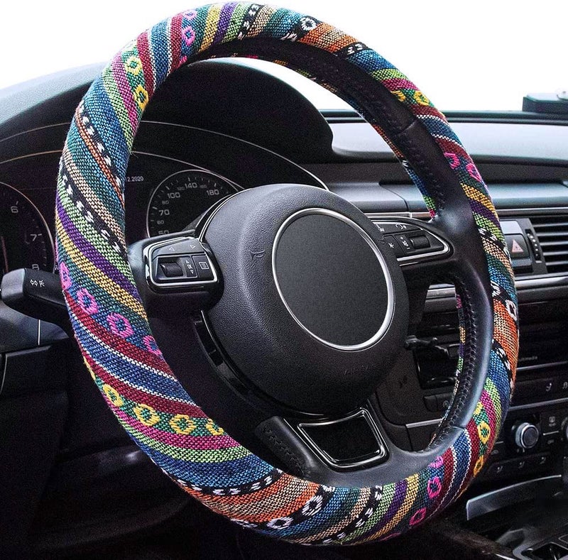 Limsas Boho Steering Wheel Cover Elastic Microfiber for Women, Universal Fit 15 inch Car SUV, Hippie Style Protector Cover, Anti-Slip, Breathable, Absorbing Sweat - 01 - Image 1