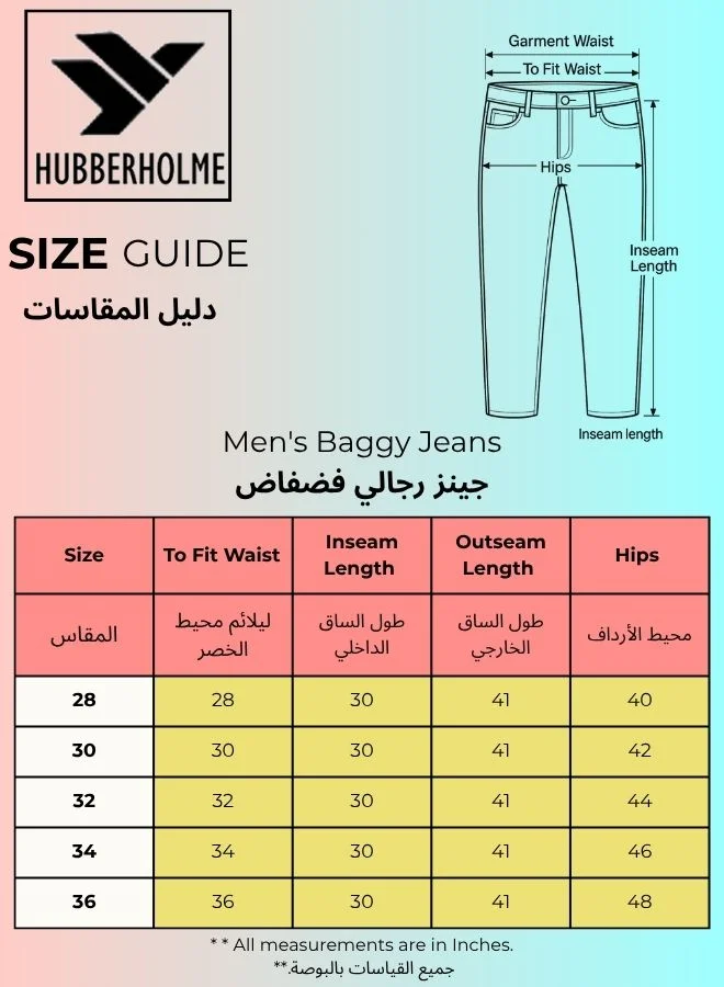 Hubberholme Men's Grey 100% Cotton Bleached Full Length Baggy Jeans