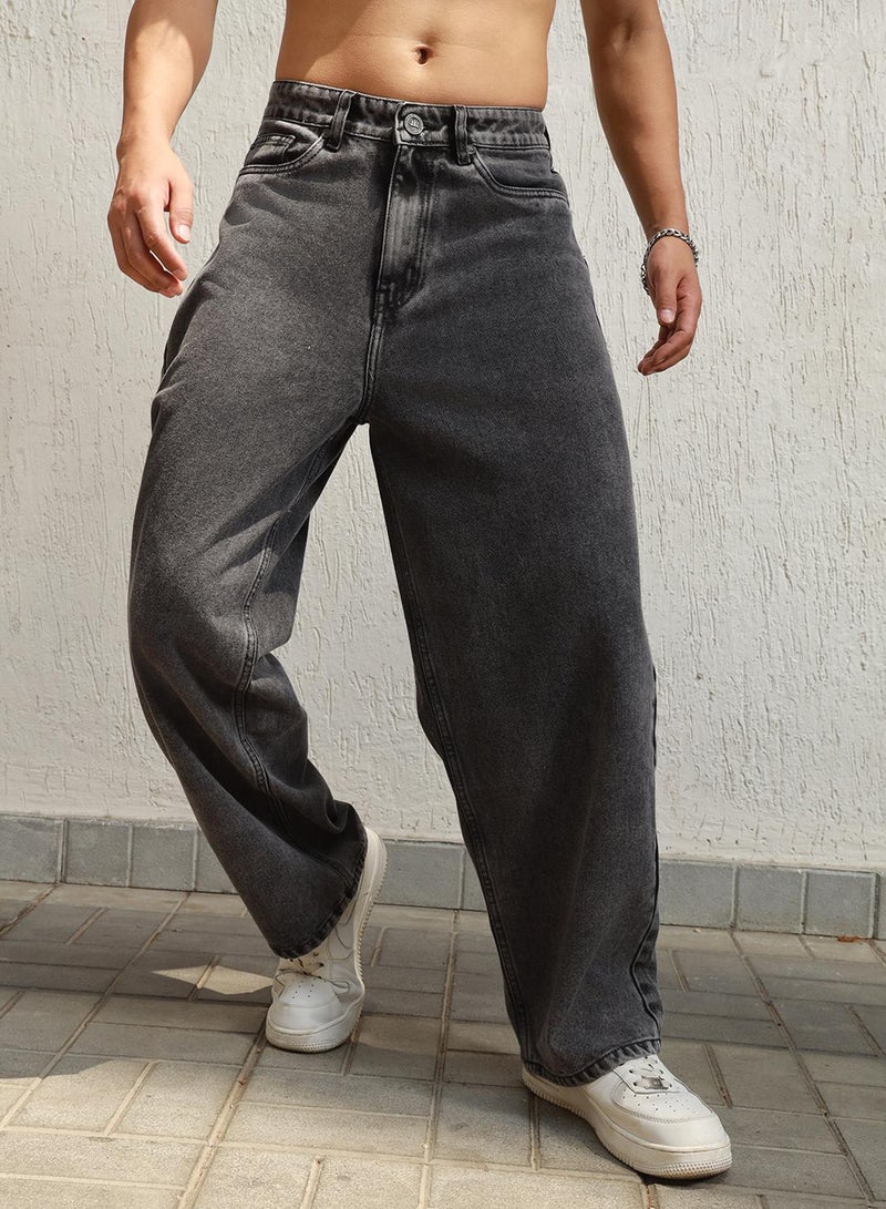 Hubberholme Men's Grey 100% Cotton Bleached Full Length Baggy Jeans  - Image 2