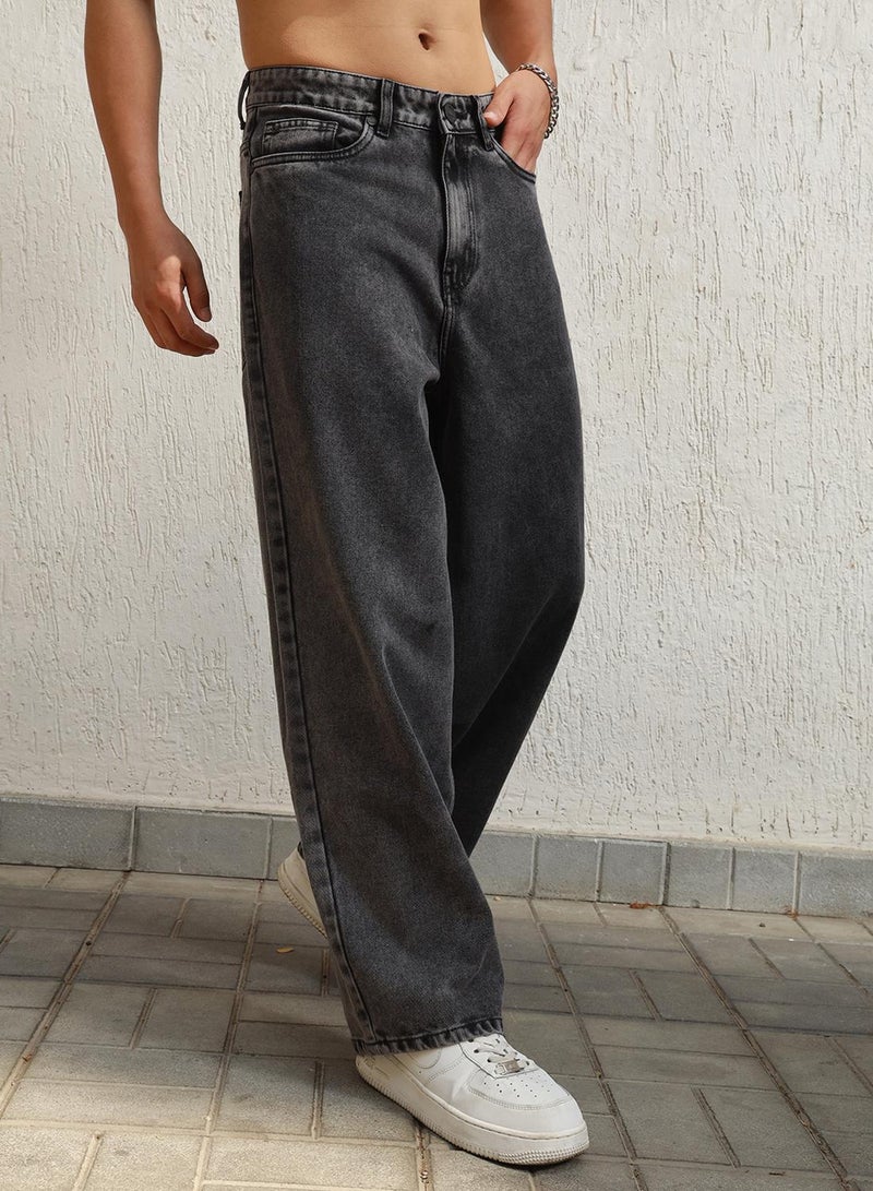 Hubberholme Men's Grey 100% Cotton Bleached Full Length Baggy Jeans  - Image 3
