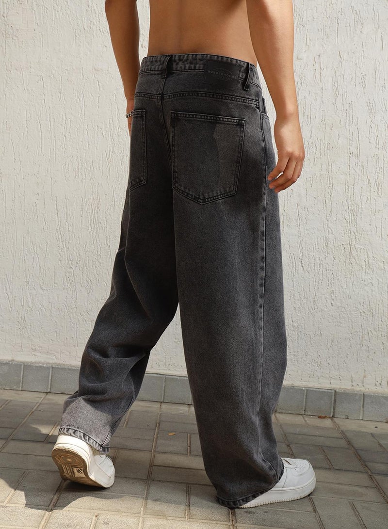 Hubberholme Men's Grey 100% Cotton Bleached Full Length Baggy Jeans  - Image 5