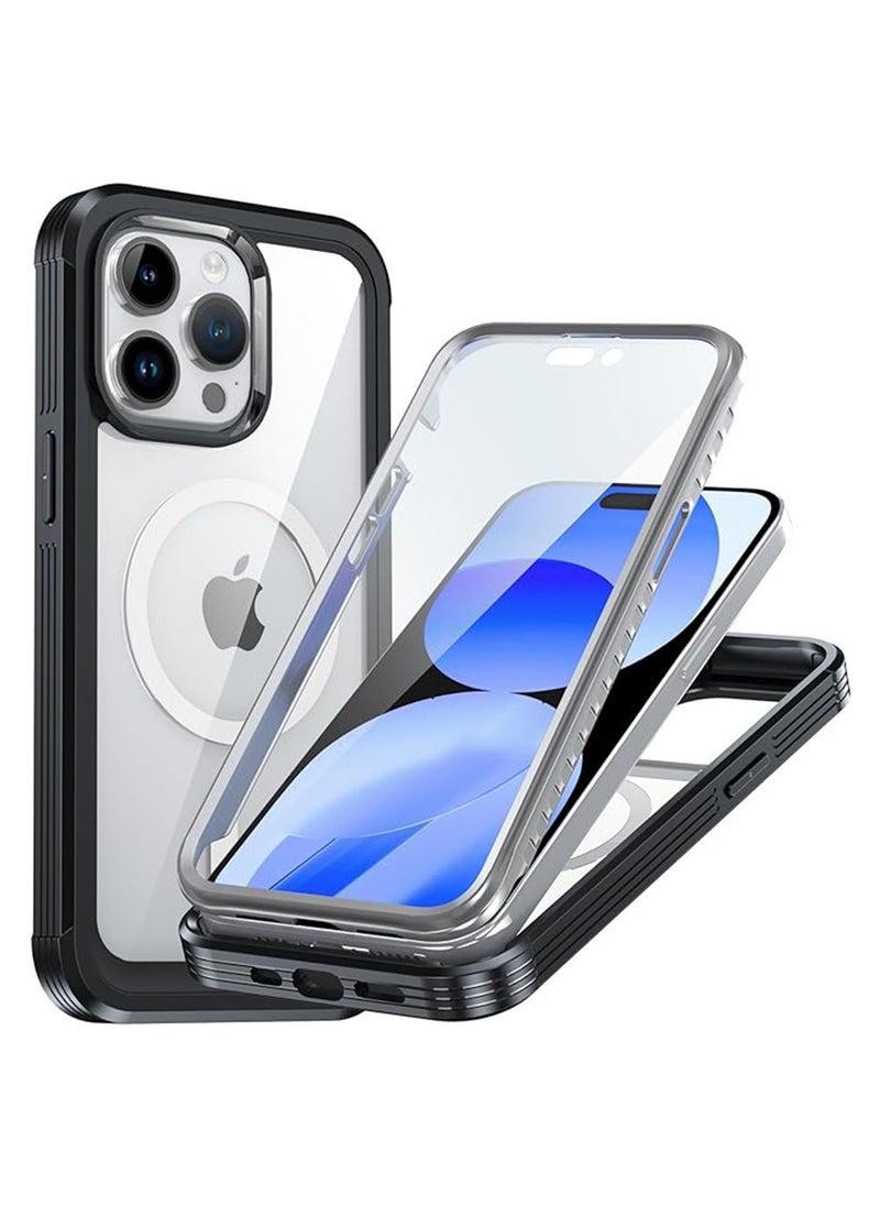 X-level iPhone 15 Pro Case with Built in Screen Protector,Clear Hard Back Cover Compatible with Magsafe,Metal Frame Bumper,Full Body Protection Double Sided Cover (Black)  - Image 1