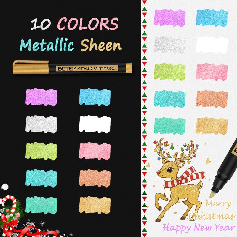 Betem Metallic Paint Markers, 10 Colors Acrylic Metallic Markers for Black Paper, 2mm Medium Tip Glitter Pens Scrapbooking Supplies, Eggs Decorating Kit, Rock, Photo Albums, Card Making Painting Kit - Image 2