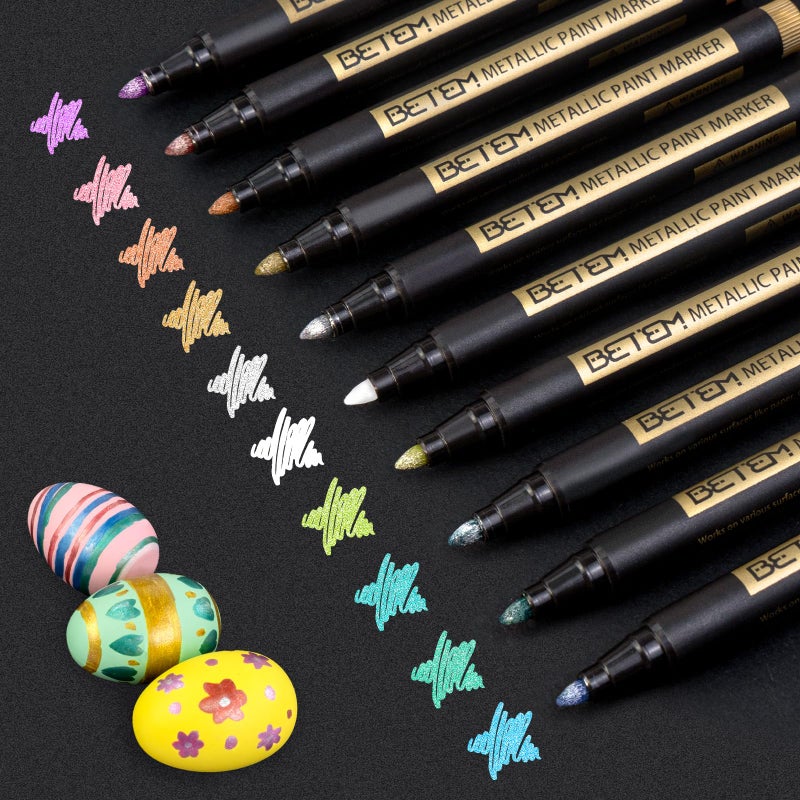 Betem Metallic Paint Markers, 10 Colors Acrylic Metallic Markers for Black Paper, 2mm Medium Tip Glitter Pens Scrapbooking Supplies, Eggs Decorating Kit, Rock, Photo Albums, Card Making Painting Kit - Image 1