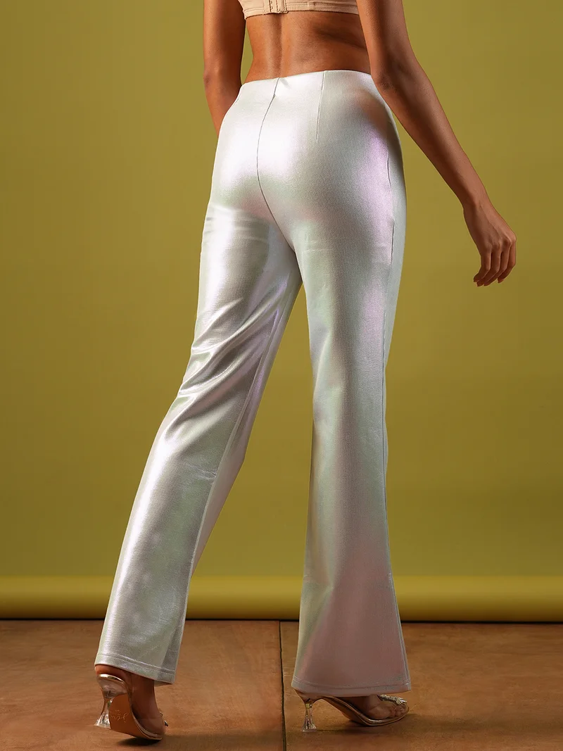 globus Women Self Design Shiny Stretchable Mid-Rise Flared Party Treggings