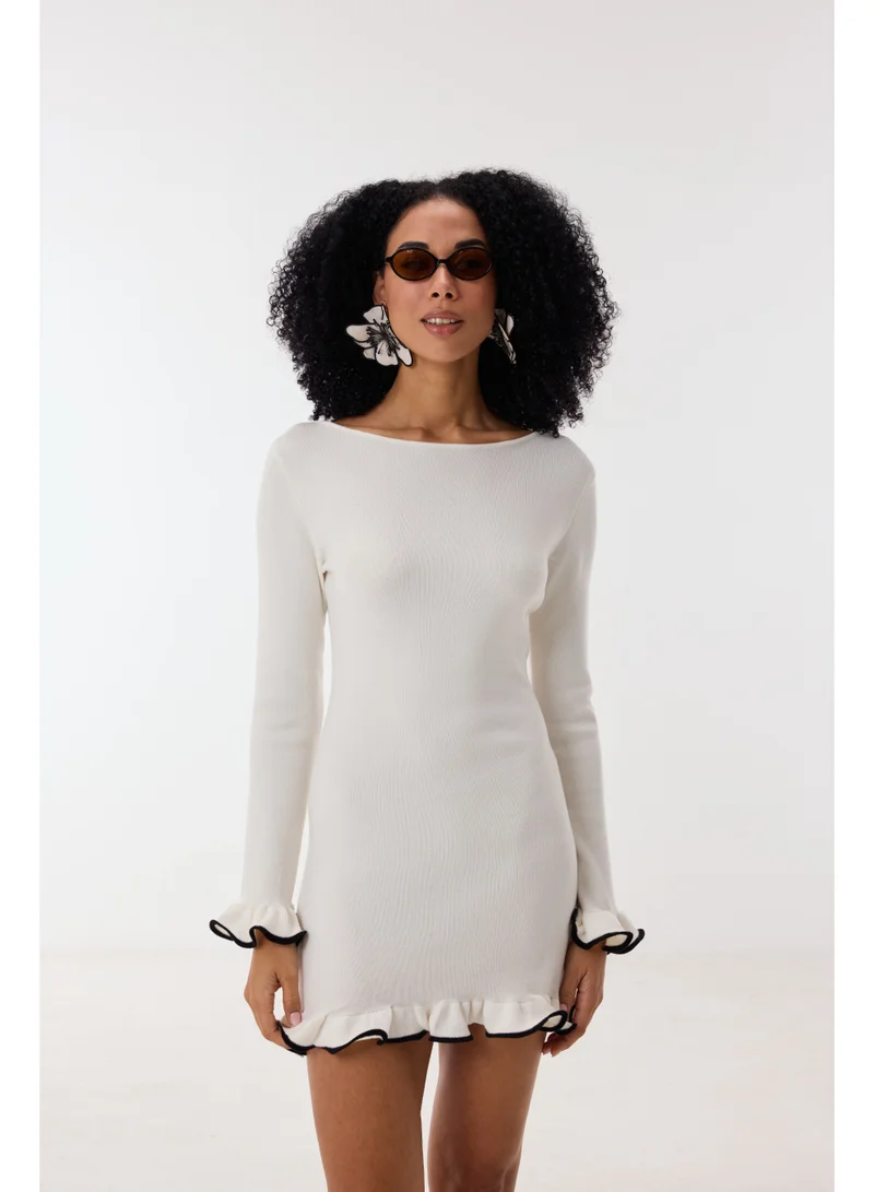 Ashita Fernandes  Knit Body-Skimming Short Dress with Boat Neck & Ruffle Sleeves – Ivory/Black for Women | Best Price UAE