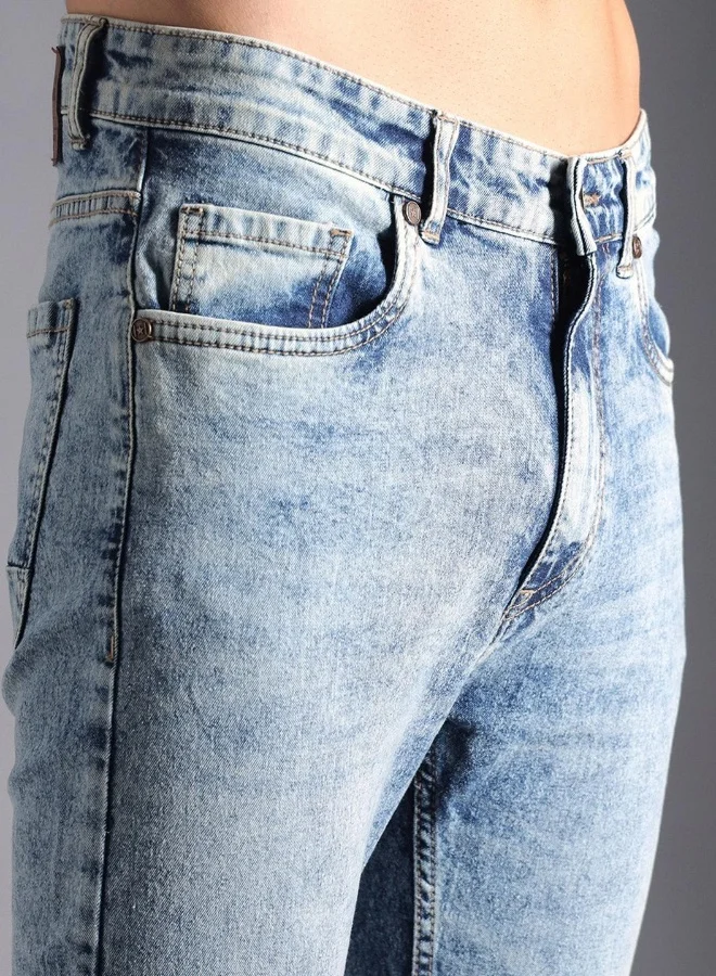 هاي ستار Men's Indigo 100% Cotton Bleached Full Length Tapered Fit Jeans
