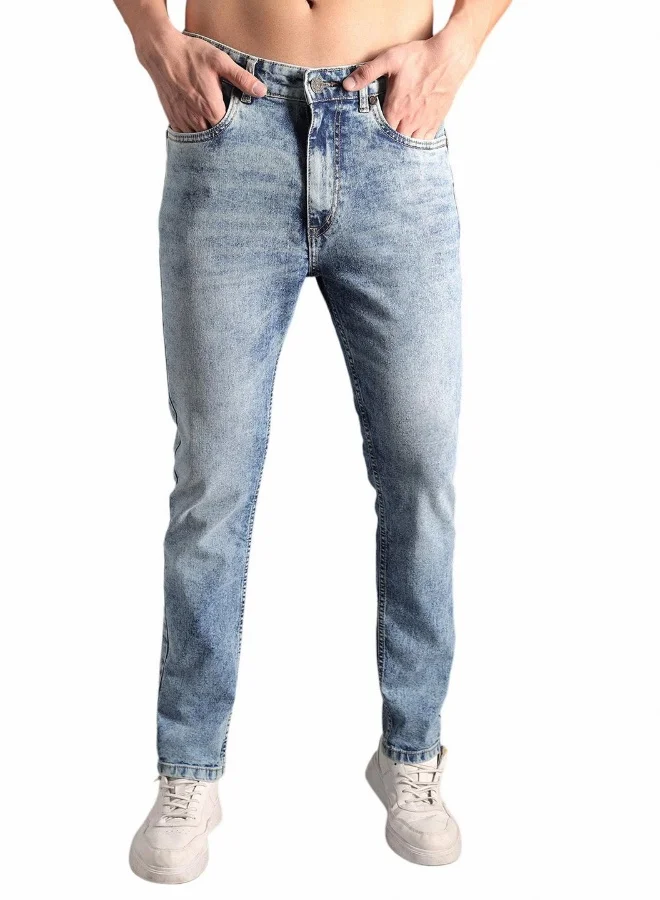 هاي ستار Men's Indigo 100% Cotton Bleached Full Length Tapered Fit Jeans