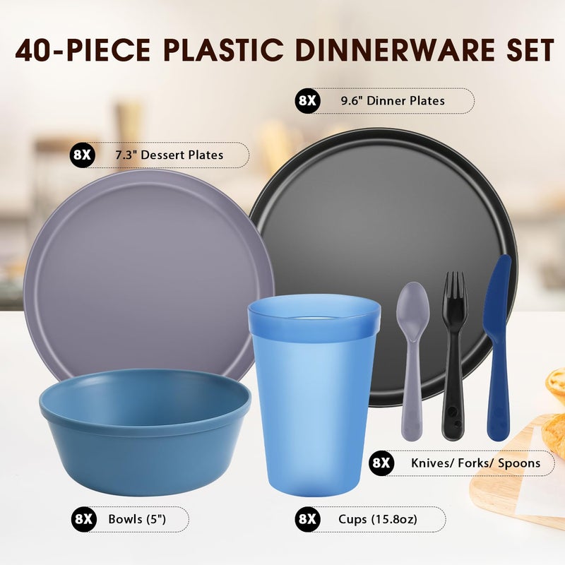 Blwan 40 Piece Plastic Dinnerware Set for 8 with Cutlery, Unbreakable Plates and Bowls Set, Dishwasher & Microwave Safe Reusable Dish Set for Camping, RV, Outdoor Kitchen, Apartment Dining,Ocean Multicolor - Image 2
